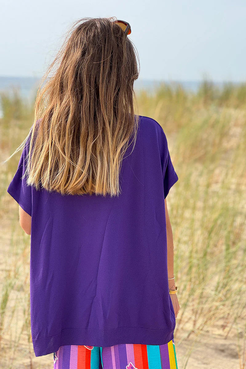 Purple stretch fine knit top with short sleeves