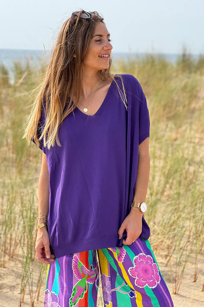 Purple stretch fine knit top with short sleeves