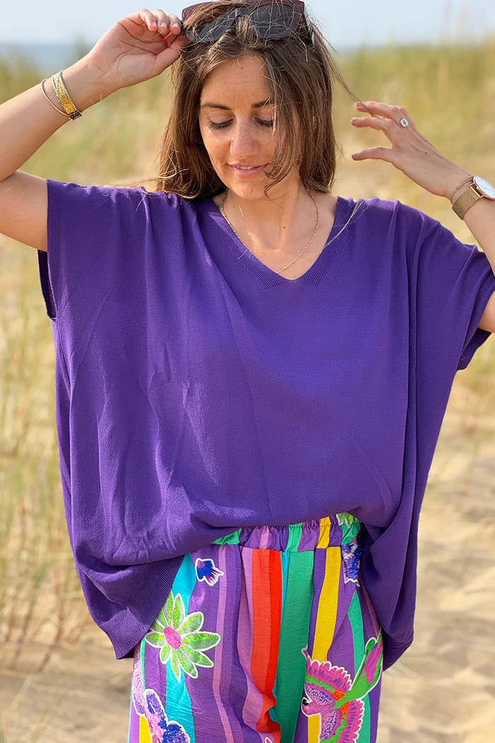 Purple stretch fine knit top with short sleeves
