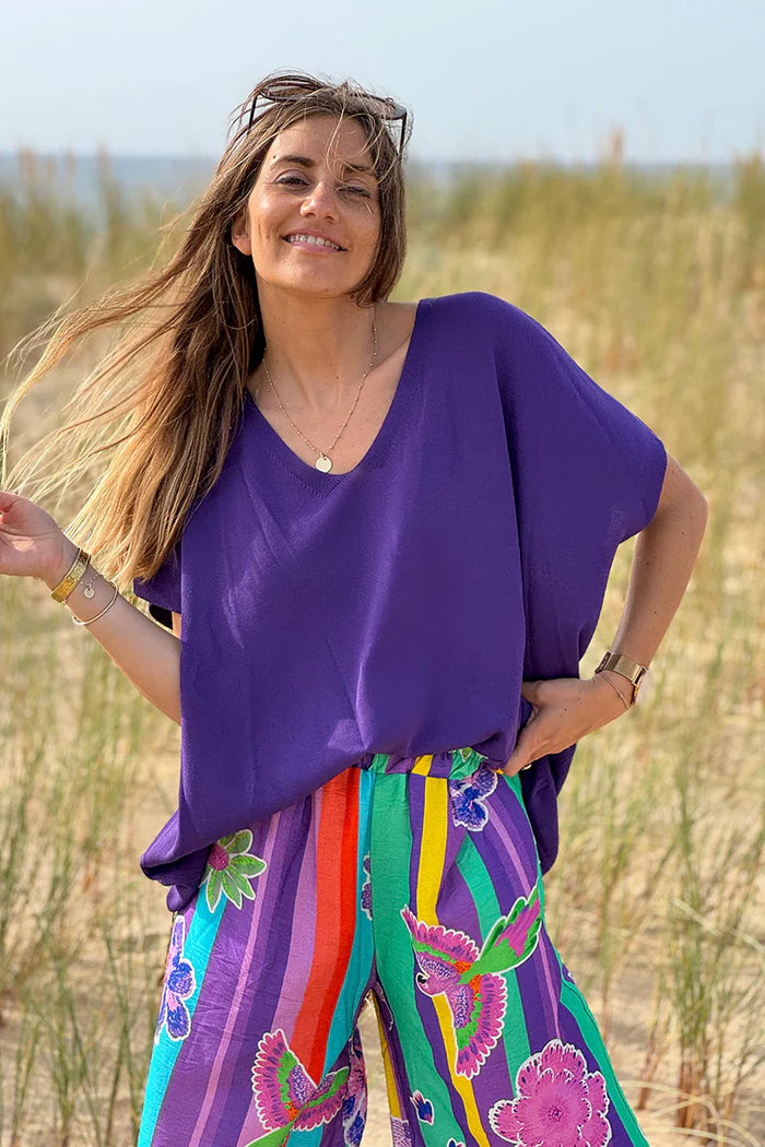 Purple stretch fine knit top with short sleeves