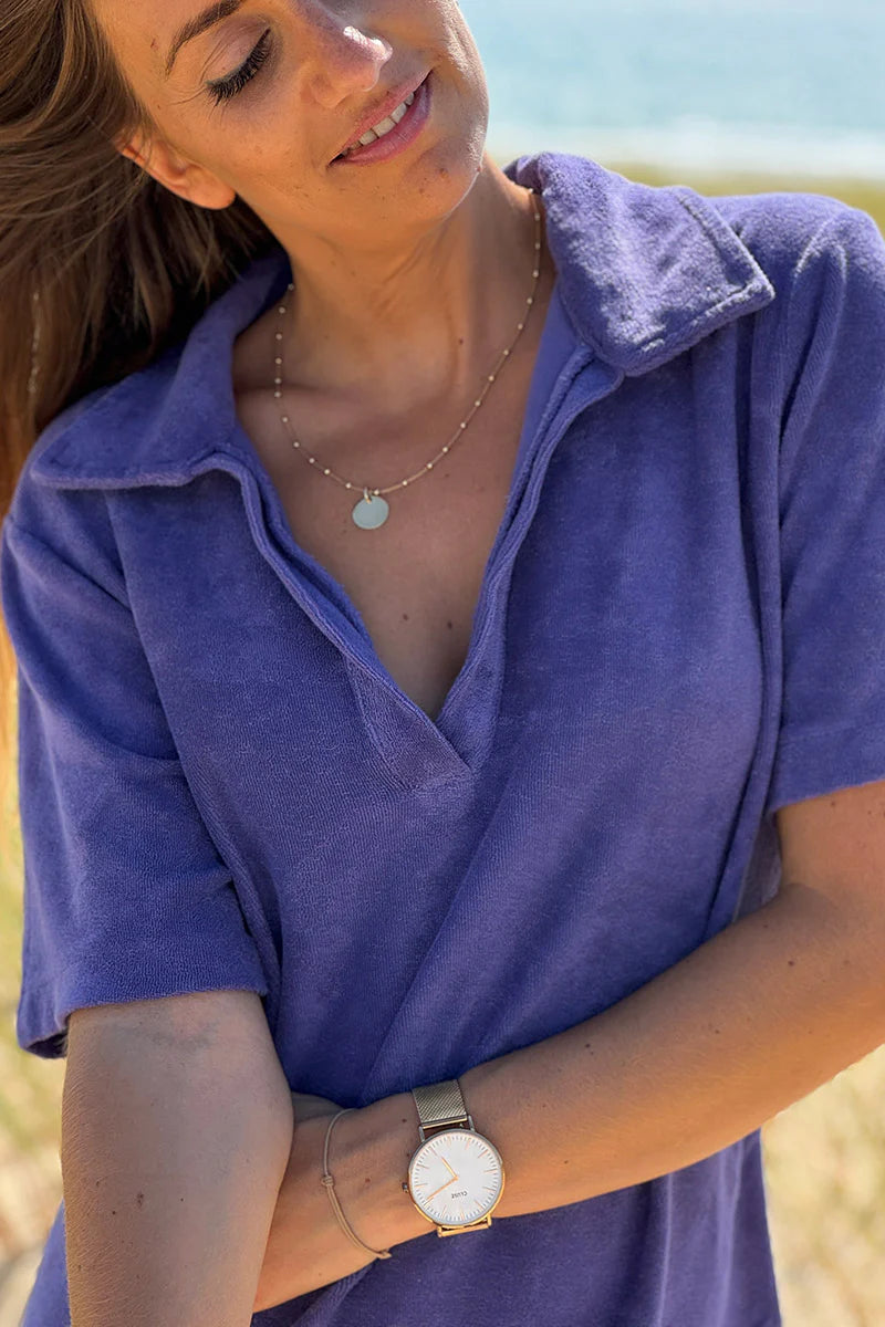 Purple Terry Cloth Collared V-Neck Dress