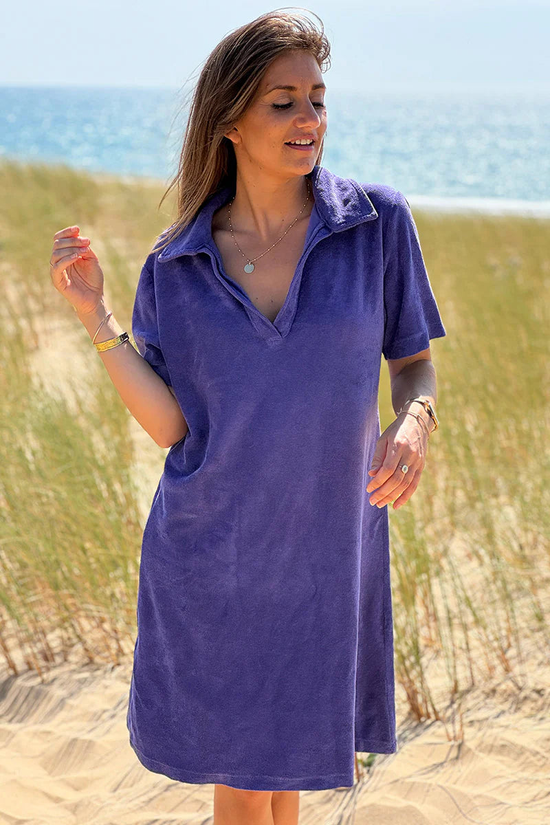 Purple Terry Cloth Collared V-Neck Dress