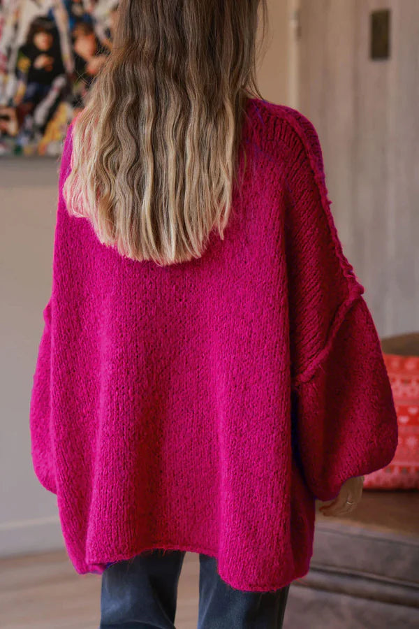 Raspberry Chunky Knit Sweater Oversized and Funnel Neck