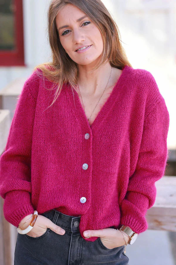 Raspberry Knitted Button Through Cardigan