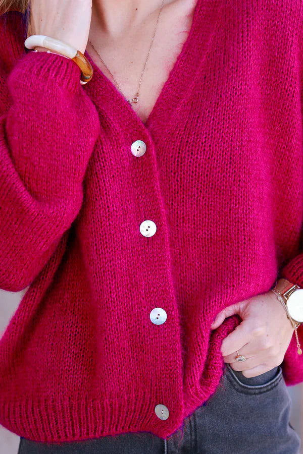 Raspberry Knitted Button Through Cardigan