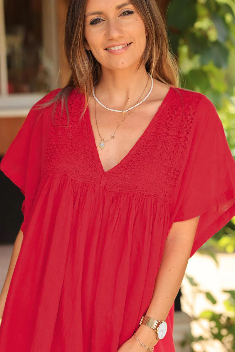 Red Floaty Cotton Dress with Lace Top