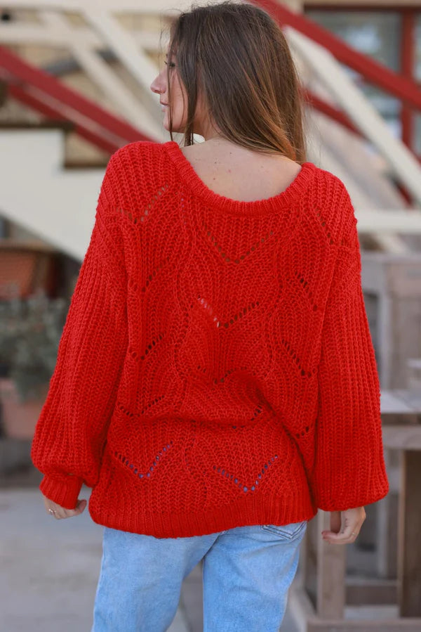 Red Crochet Knit Sweater