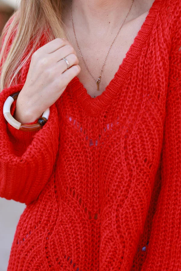 Red Crochet Knit Sweater