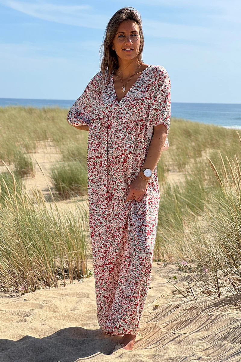 Red Ditsy Floral V-Neck Butterfly Sleeve Maxi Dress
