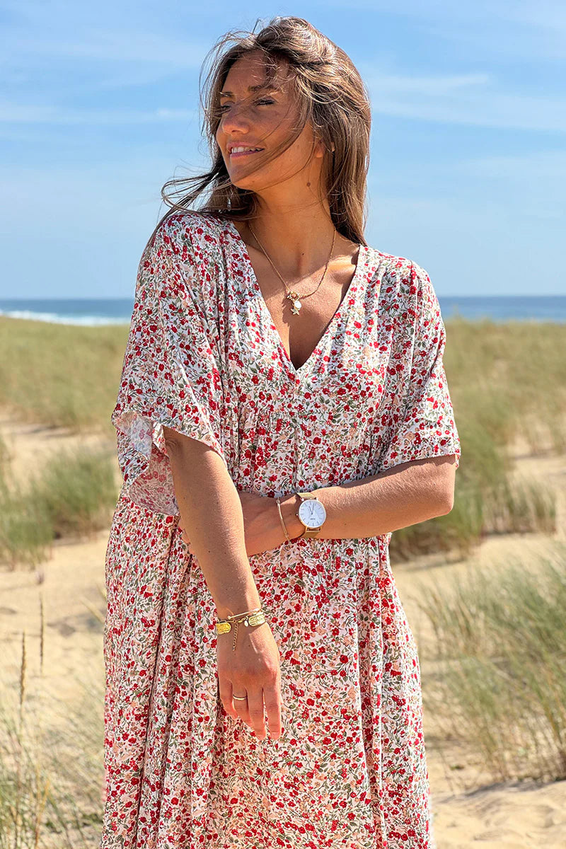 Red Ditsy Floral V-Neck Butterfly Sleeve Maxi Dress
