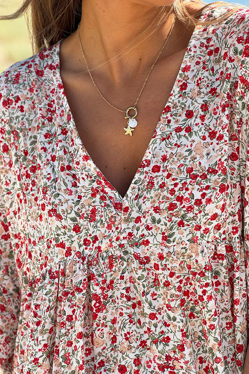 Red Ditsy Floral V-Neck Butterfly Sleeve Maxi Dress