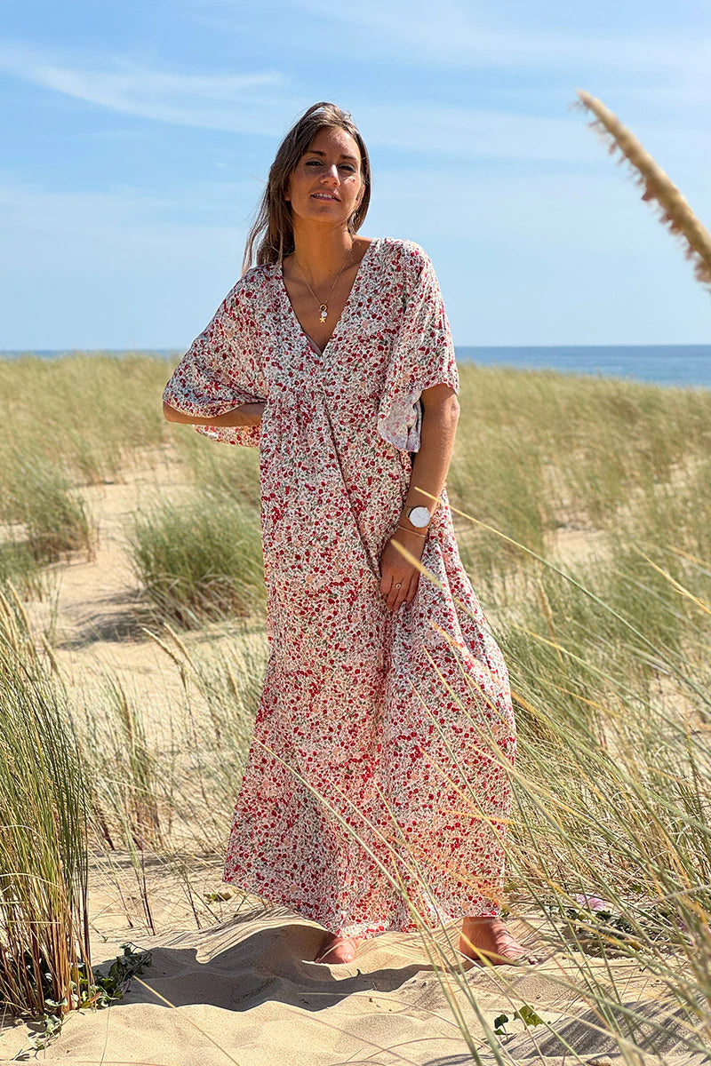 Red Ditsy Floral V-Neck Butterfly Sleeve Maxi Dress