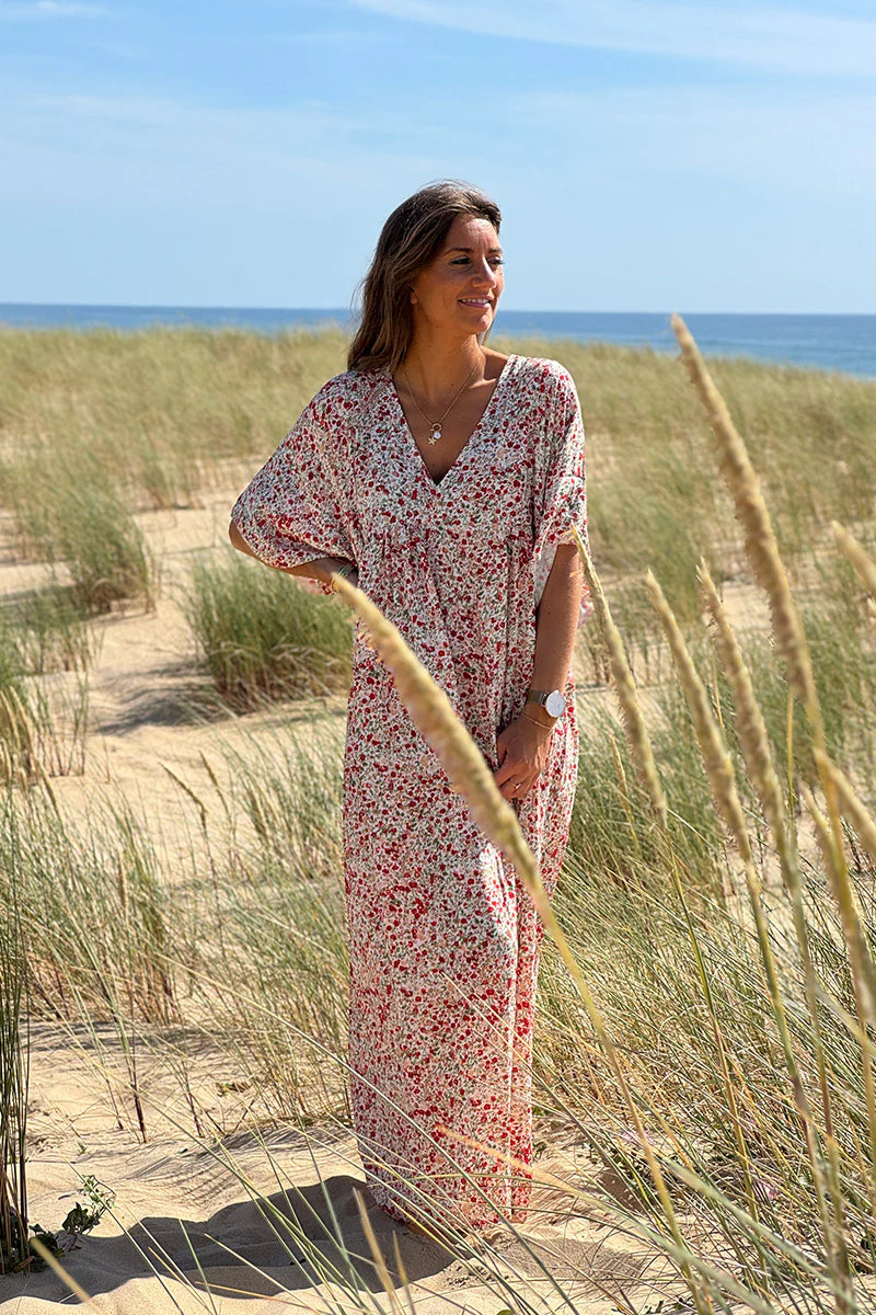 Red Ditsy Floral V-Neck Butterfly Sleeve Maxi Dress
