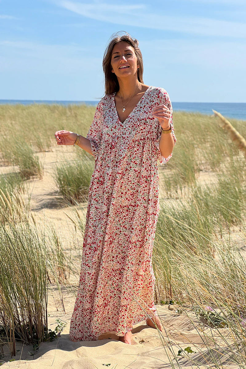 Red Ditsy Floral V-Neck Butterfly Sleeve Maxi Dress