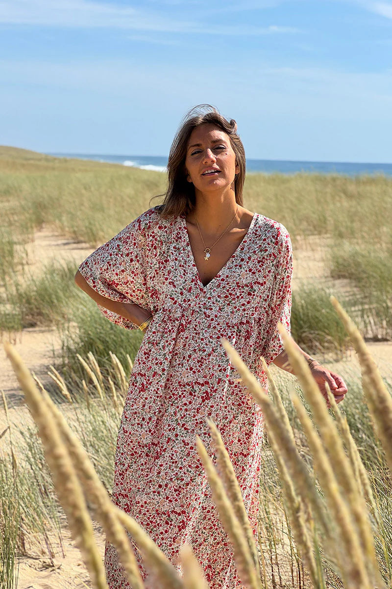 Red Ditsy Floral V-Neck Butterfly Sleeve Maxi Dress
