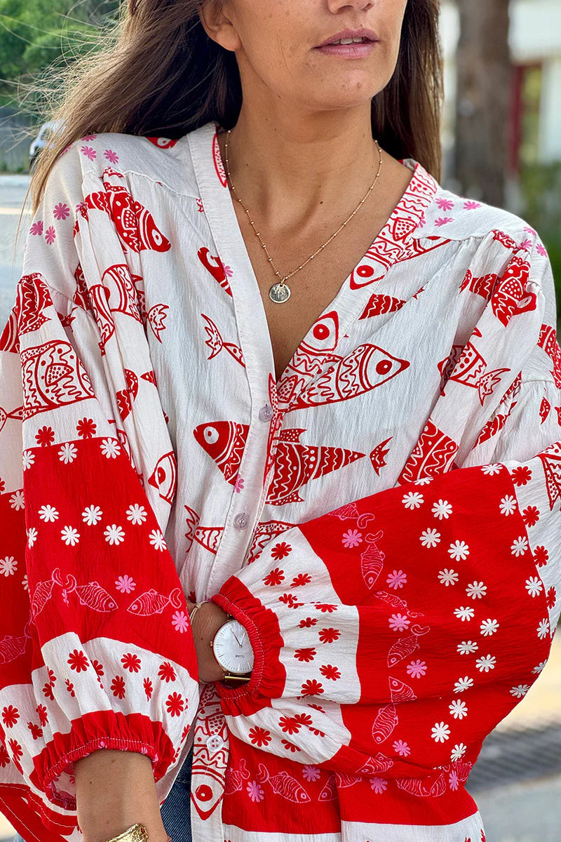 Red Fish Traditional Print Button-Down Blouse