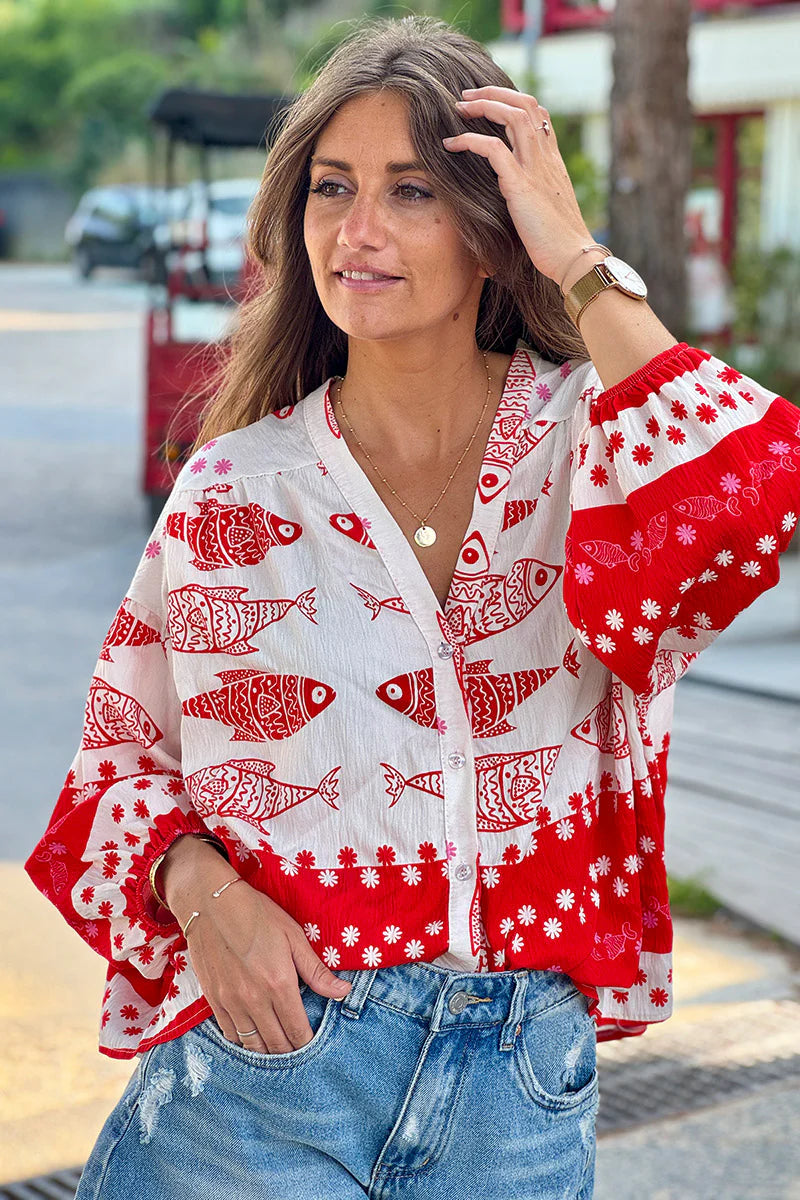 Red Fish Traditional Print Button-Down Blouse