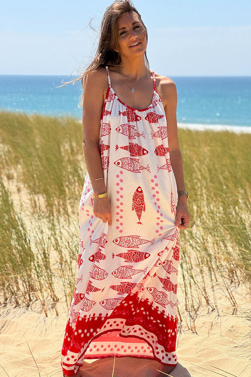 Red Fish Traditional Print Maxi Dress