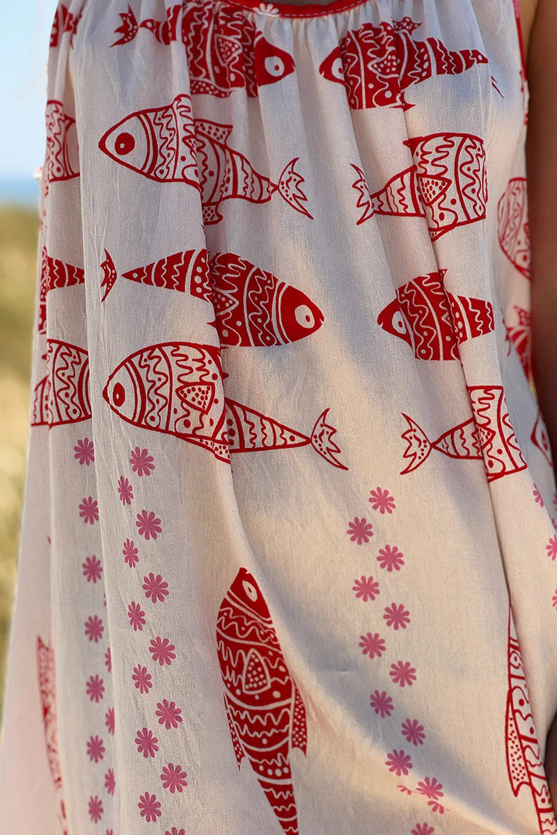 Red Fish Traditional Print Maxi Dress