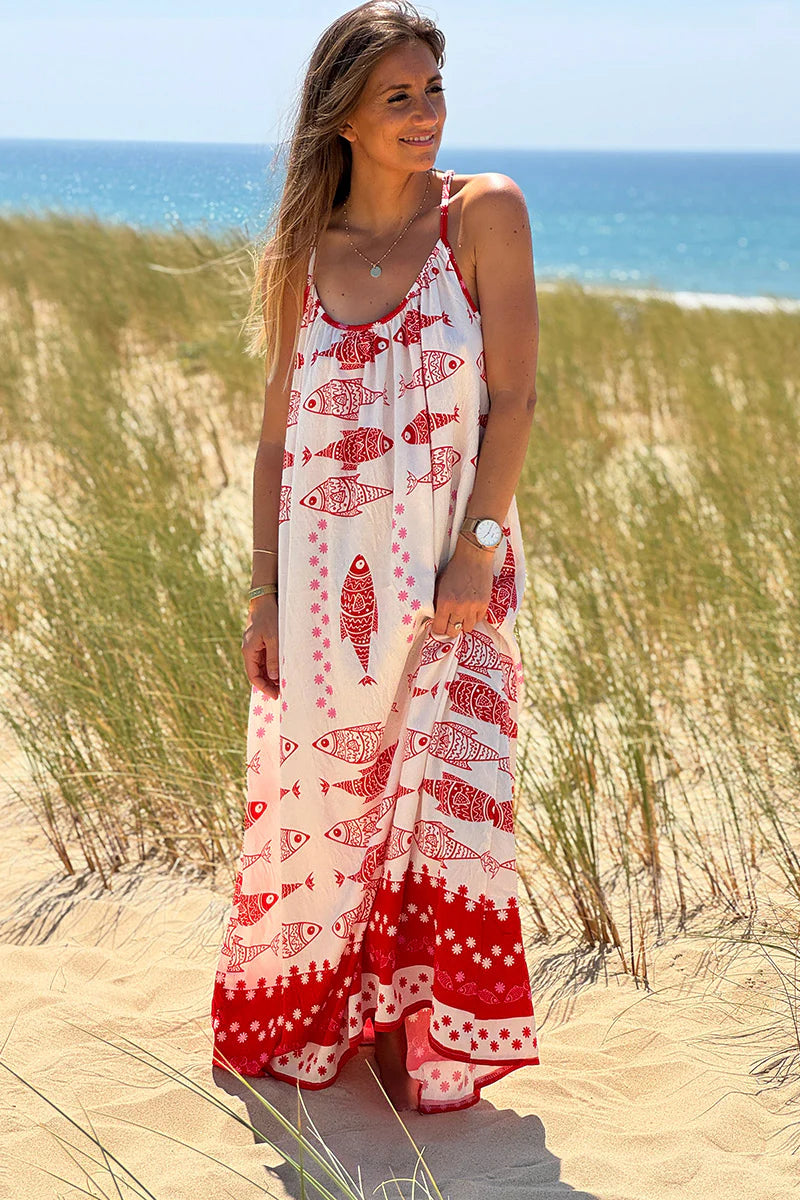Red Fish Traditional Print Maxi Dress