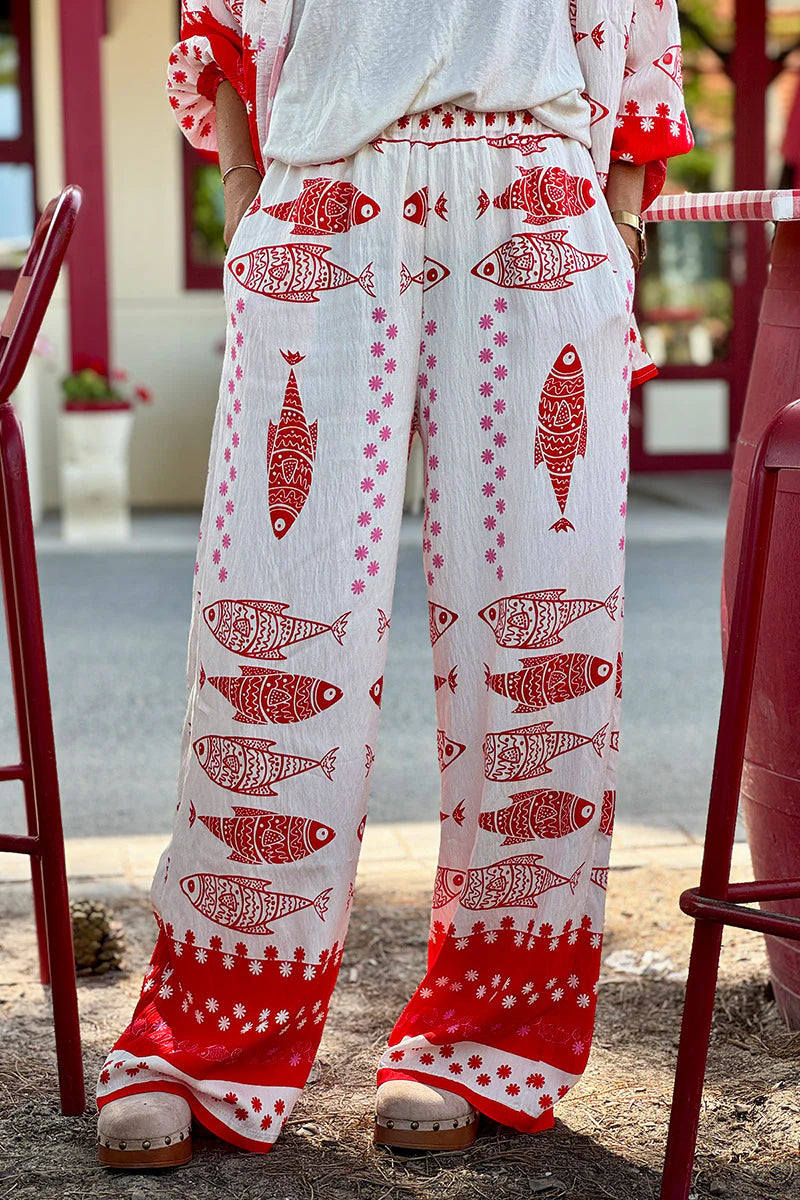 Red Fish Traditional Print Pull-On Pants