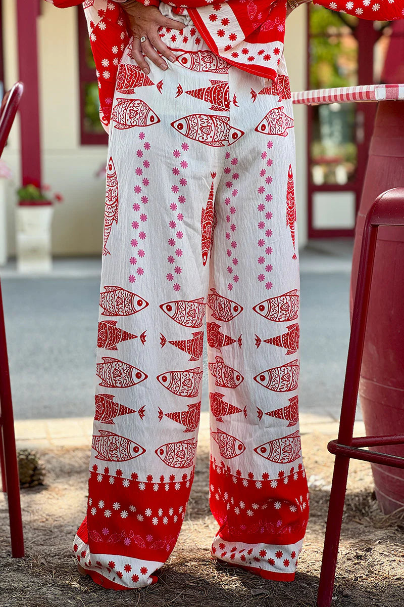 Red Fish Traditional Print Pull-On Pants