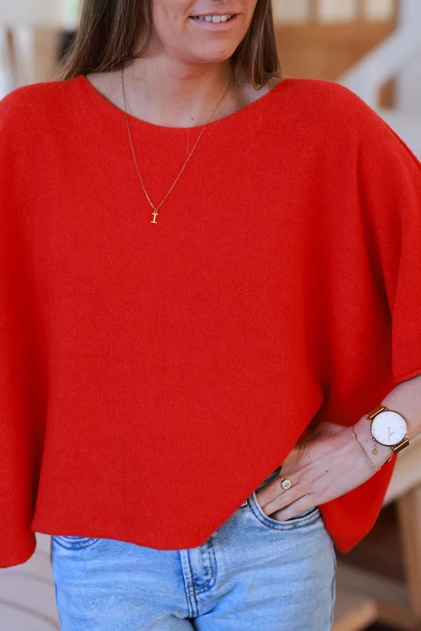 Red Knit Batwing Blouse