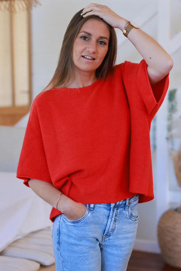 Red Knit Batwing Blouse