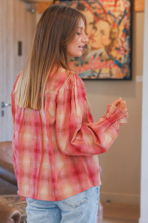 Red Plaid Ruffled Button-Down Blouse