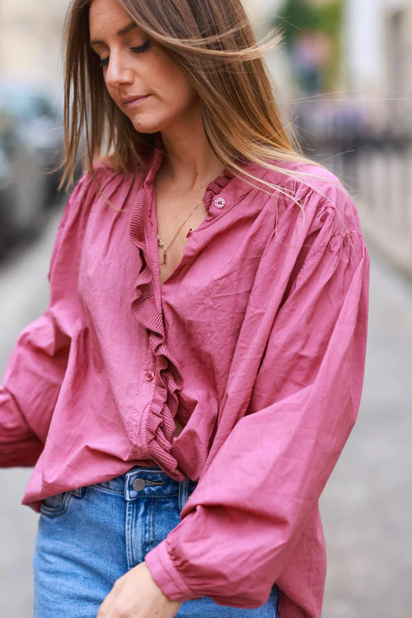 Red Wine Cotton Tunic Blouse with Frills