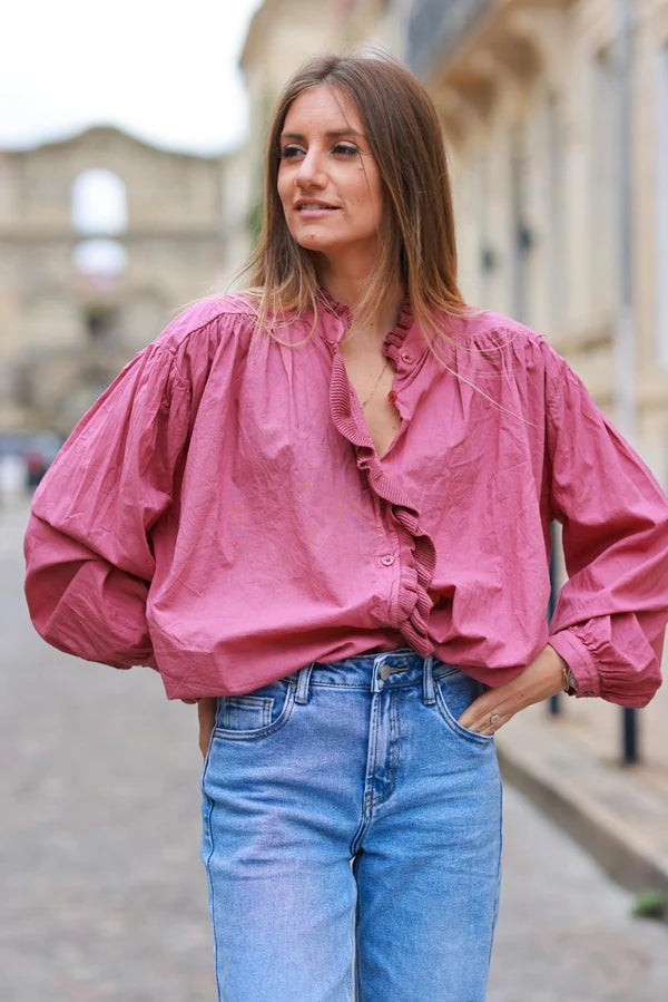 Red Wine Cotton Tunic Blouse with Frills