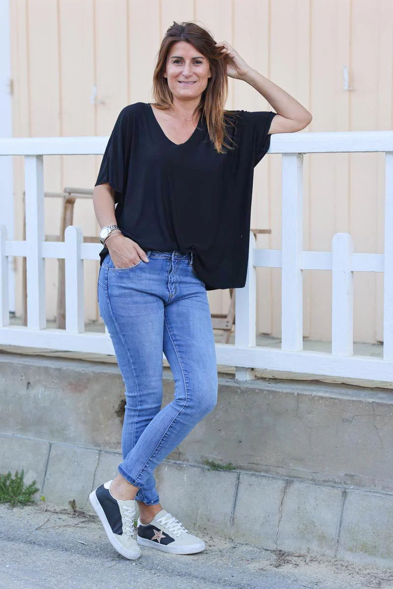 Relaxed fit black v-neck top