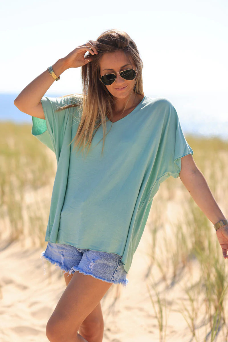 Relaxed fit celadon green v-neck top