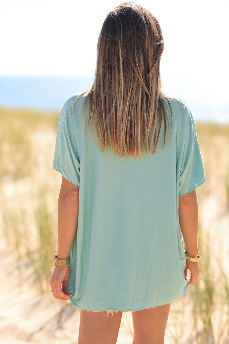 Relaxed fit celadon green v-neck top