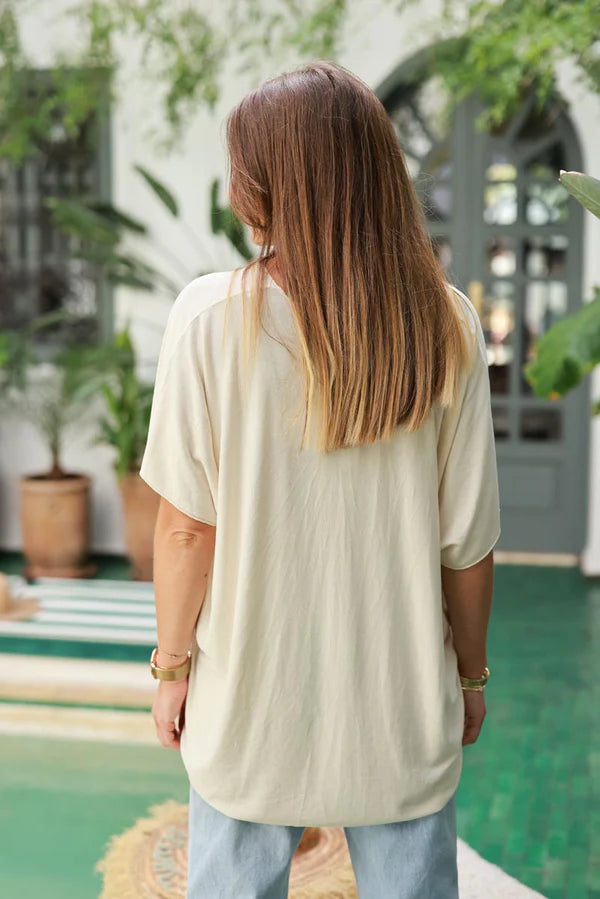 Relaxed Fit Cream V-neck Top