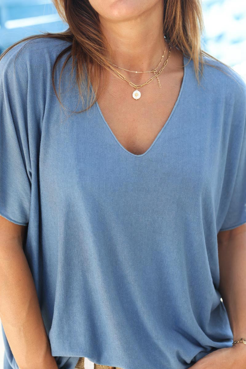 Relaxed fit dusty blue v-neck top