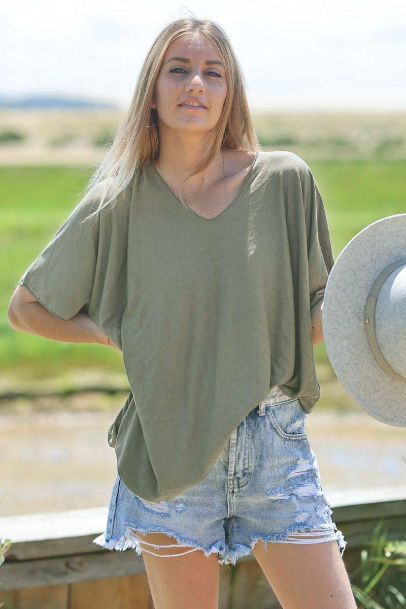 Relaxed Fit Olive V-neck Top