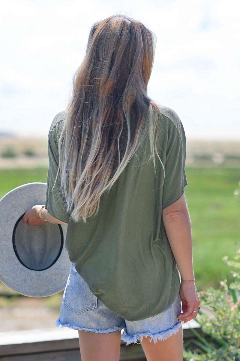 Relaxed Fit Olive V-neck Top