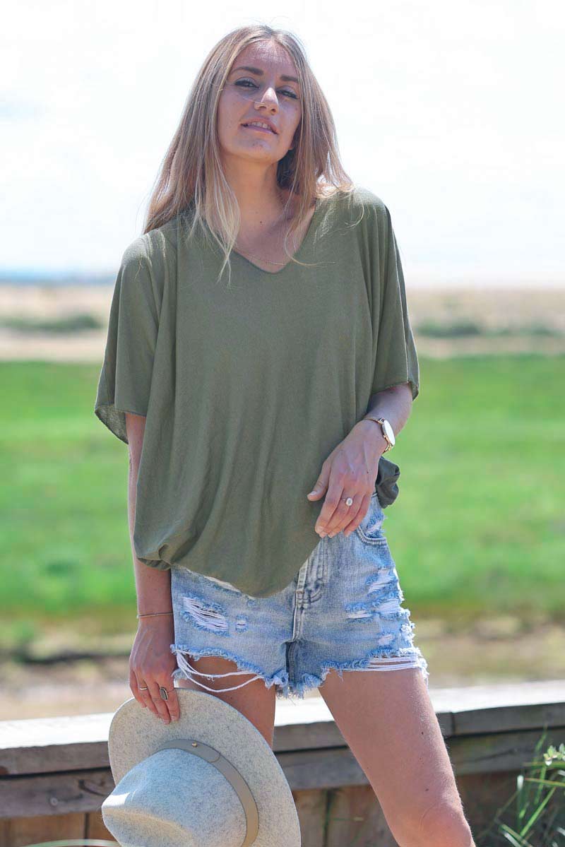 Relaxed Fit Olive V-neck Top