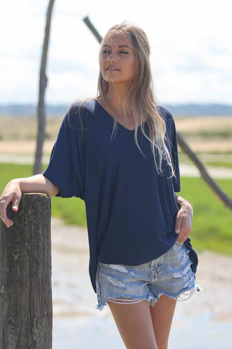 Relaxed fit navy blue v-neck top