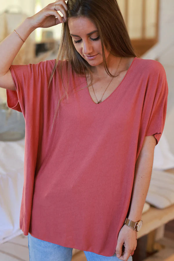 Relaxed fit Rosewood V-neck Top