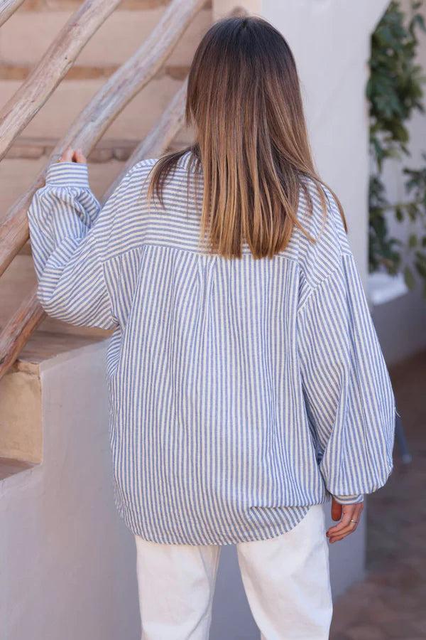 Relaxed fit sky blue striped cotton Button-Down Shirt with frills