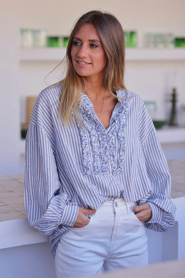 Relaxed fit sky blue striped cotton Button-Down Shirt with frills