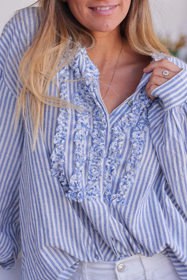 Relaxed fit sky blue striped cotton Button-Down Shirt with frills