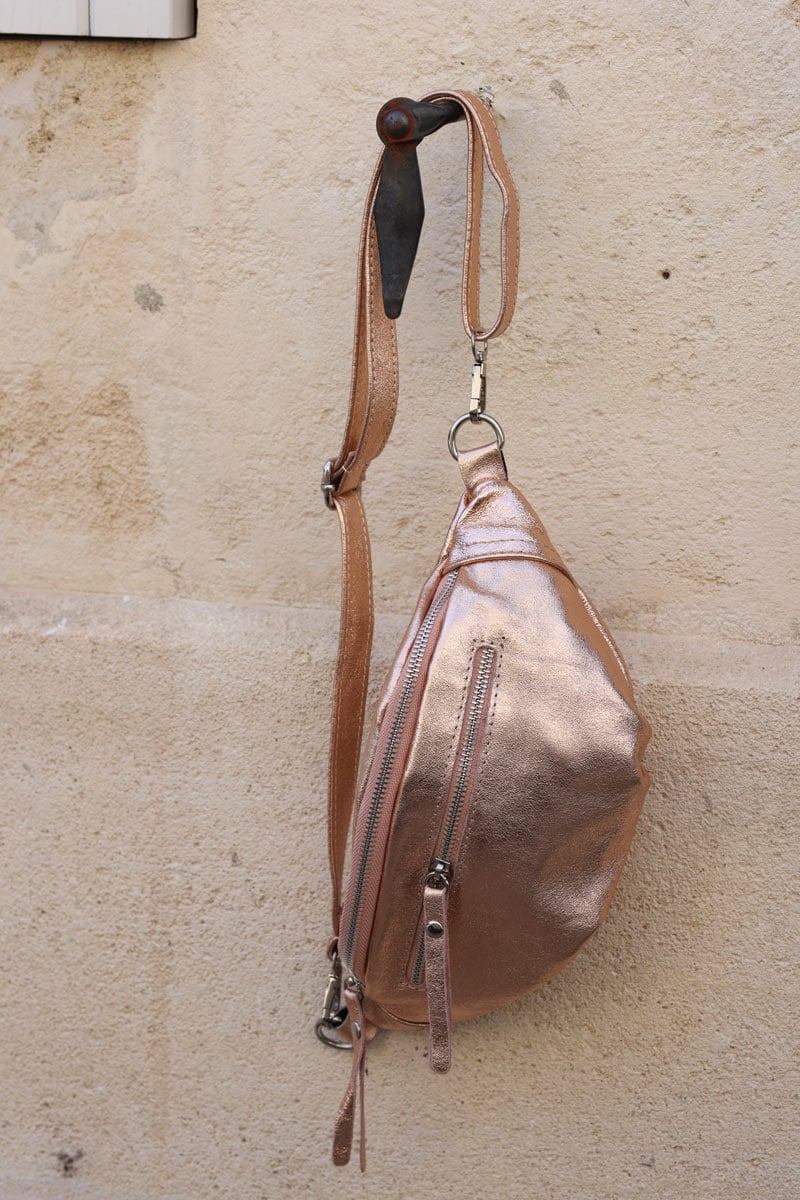 Rose gold metallic leather double zip bum bag