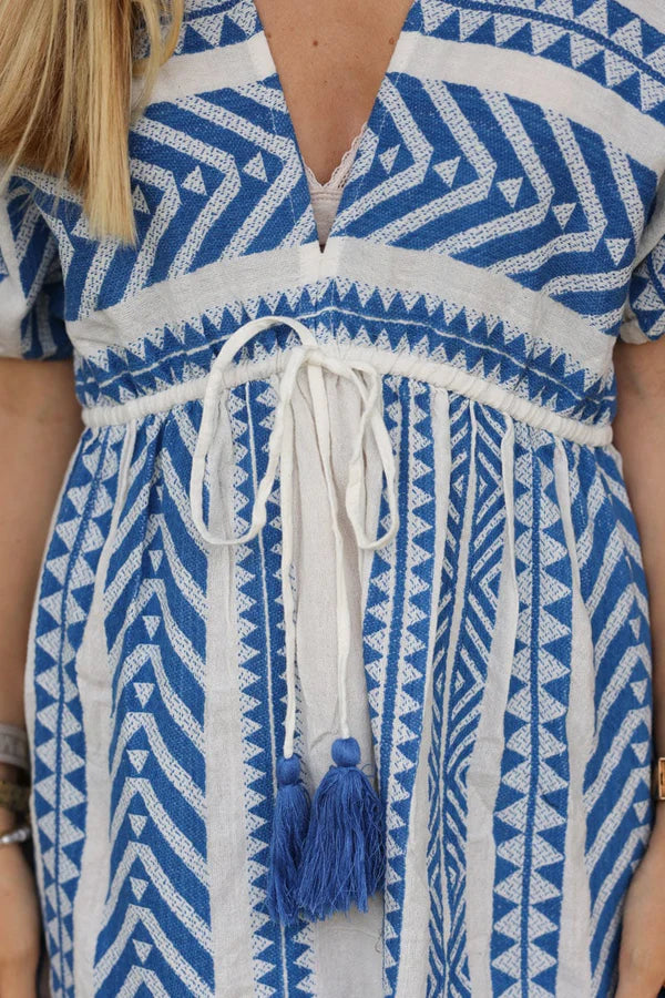 Royal blue and white backless short dress Aztec print