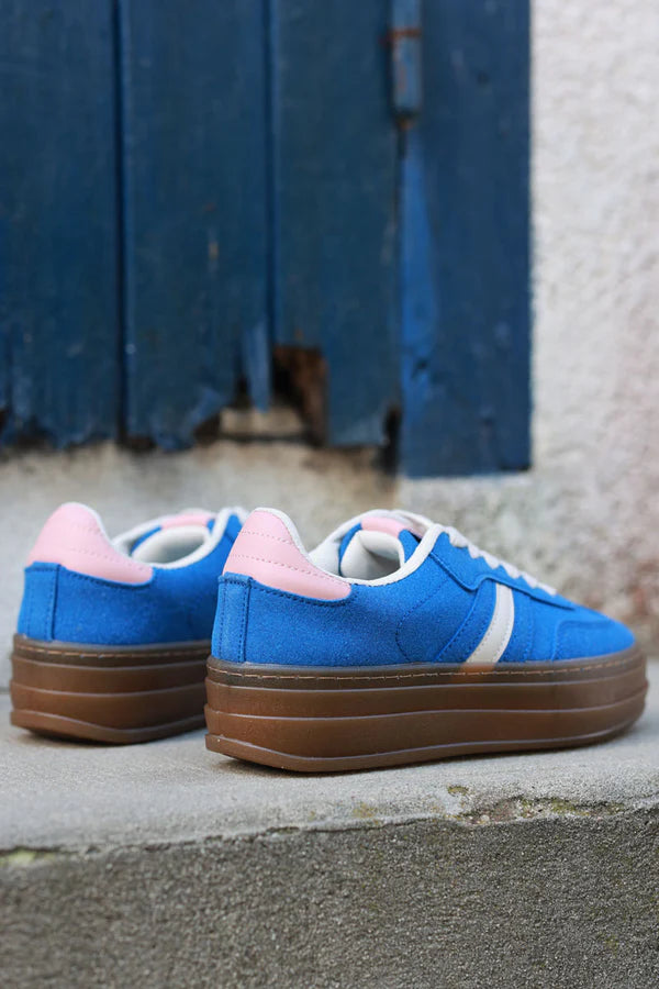 Royal Blue, Beige and Pink Sueded Striped Sport Sneakers