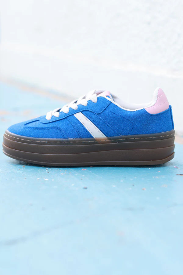 Royal Blue, Beige and Pink Sueded Striped Sport Sneakers