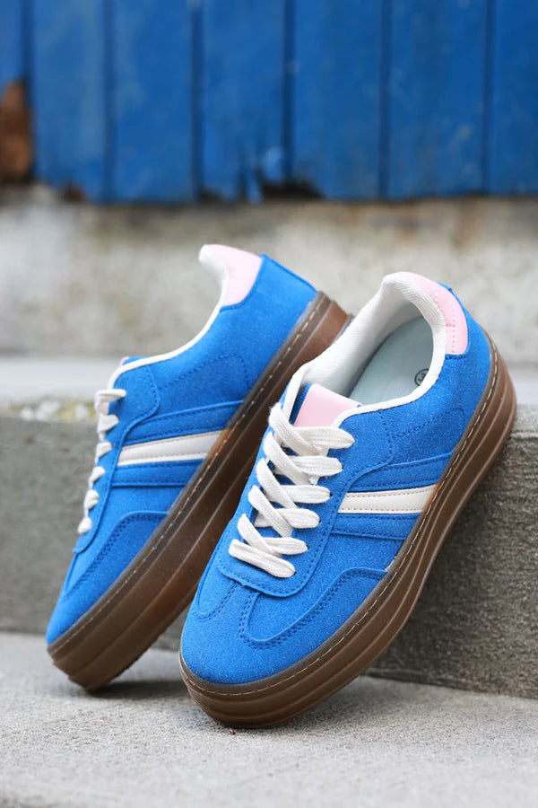 Royal Blue, Beige and Pink Sueded Striped Sport Sneakers