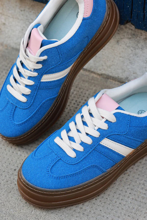 Royal Blue, Beige and Pink Sueded Striped Sport Sneakers